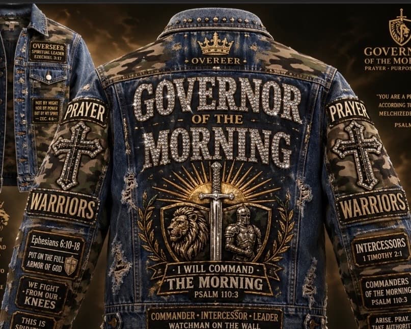 Governor of the Morning custom denim prayer warrior jacket with scripture embroidery, specialty jacket Houston