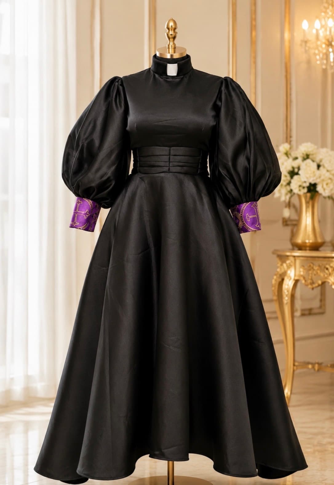 Black Clergy Gown With Royal Purple Brocade Puffed Sleeves With Crosses
