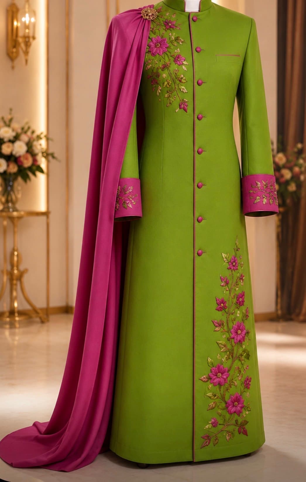 Clergy Robe Designed In Lime Green And Magenta Pink With Drape