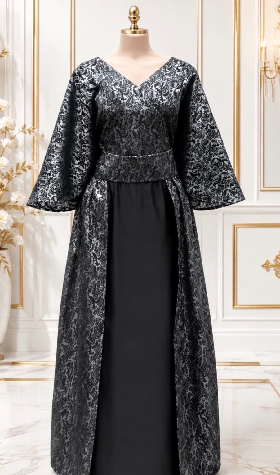 Elegant Black Brocade Gown With Satin