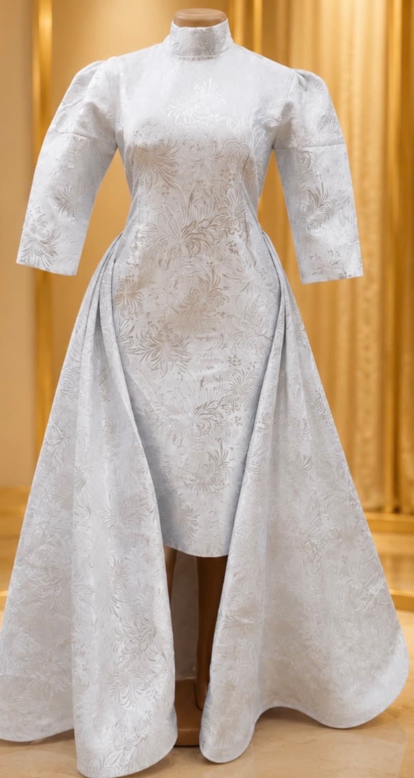 Elegant White Hi Low Brocade Gown With 3 4 Sleeves
