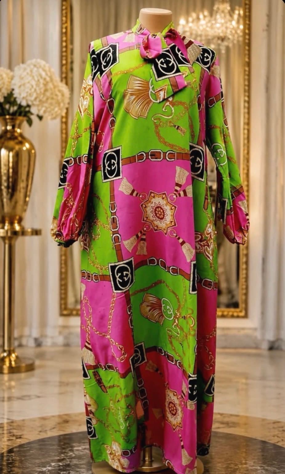 Gucci Inspired Floor Length Dress With A Bow At The Neck