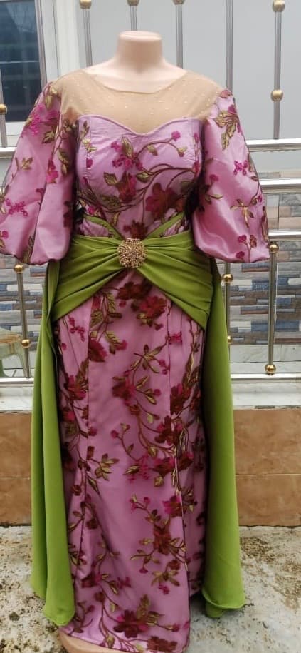 Mother Of The Bride Gown In Pink Lace With Sage Green Train