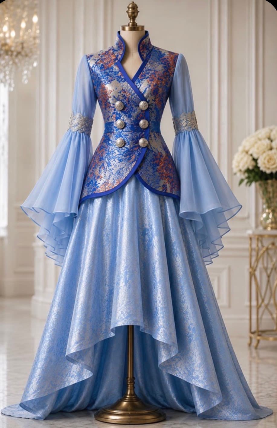 Royal Blue Brocade With Light Blue Chiffon Draped Sleeves Praise Dance Wear