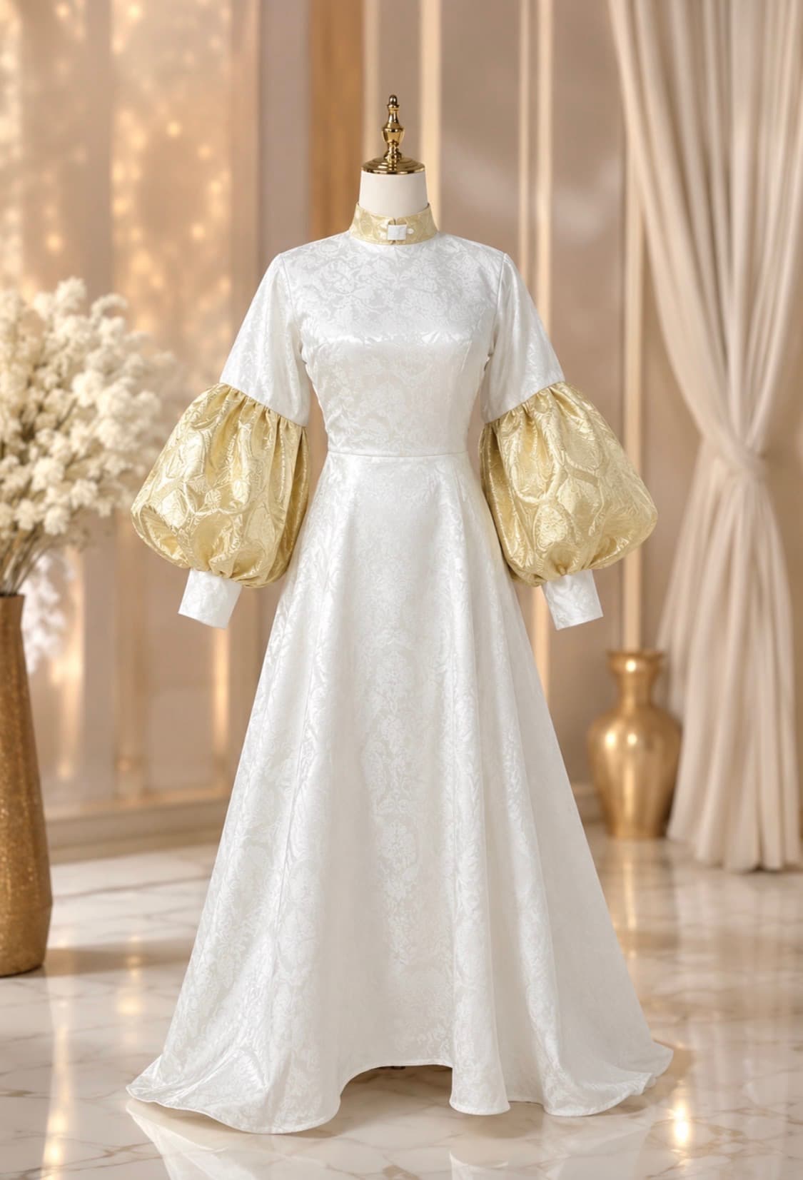 White Clergy Gown With Gold Bell Sleeves