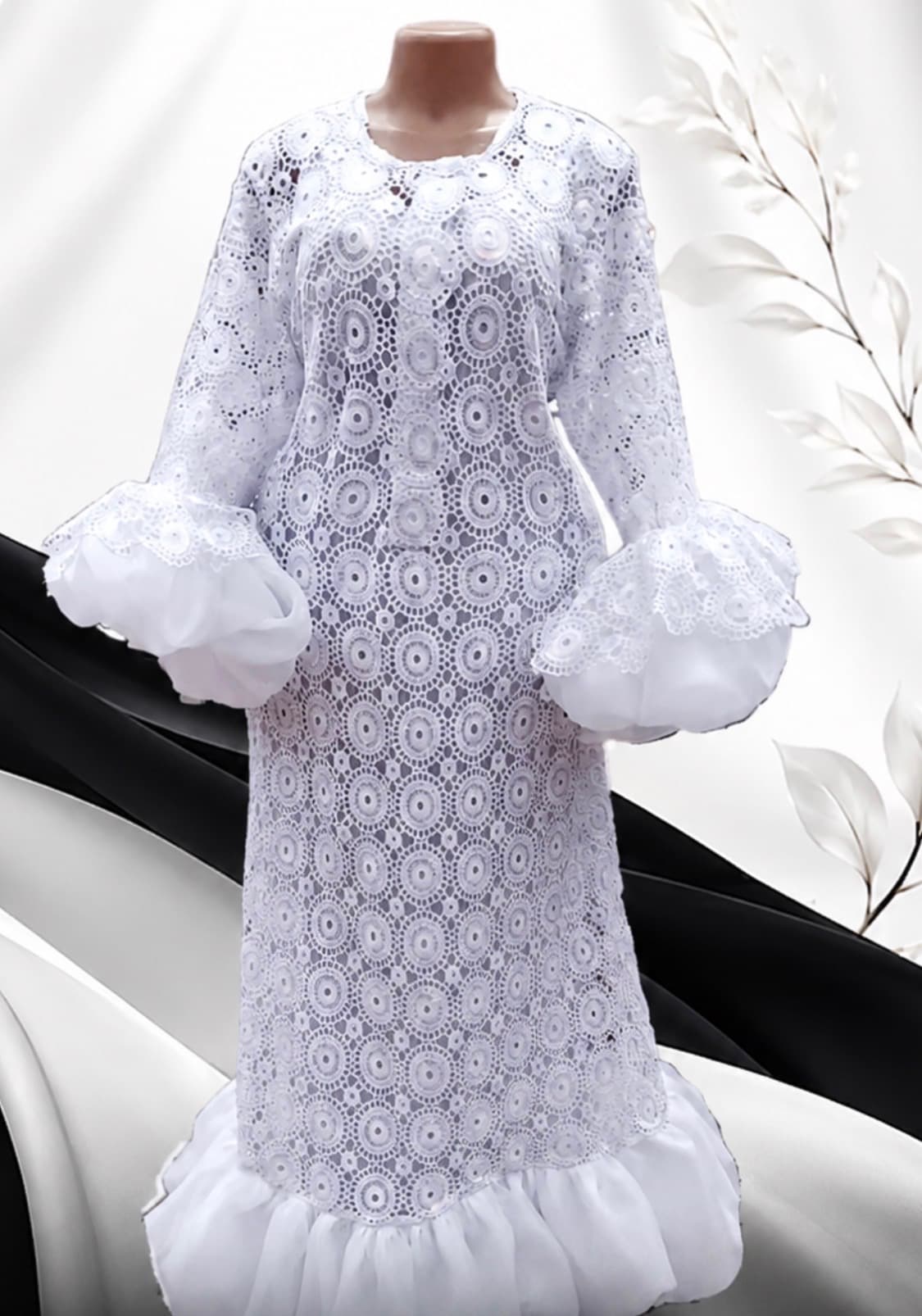 White Lace Gown With Balloon Sleeves And Bottom Crystal Organza