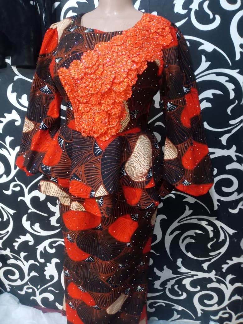 Orange and brown Ankara peplum two-piece set with 3D floral applique, African print Houston