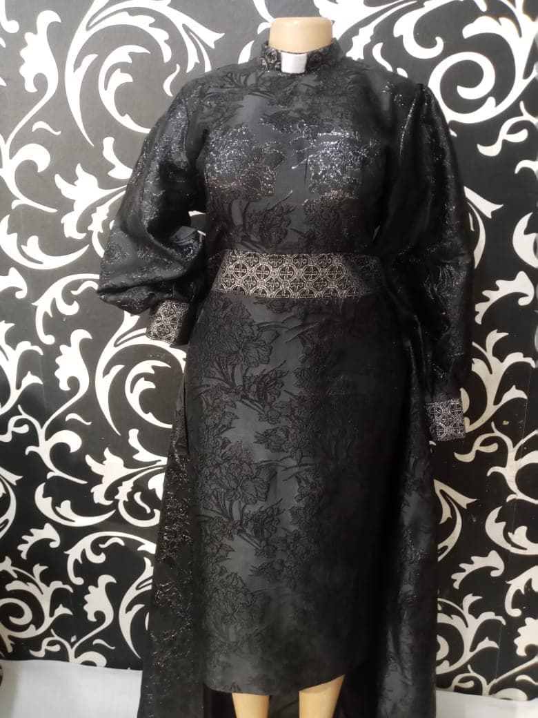 Custom black damask clergy gown with clerical collar and bishop sleeves, Houston Texas